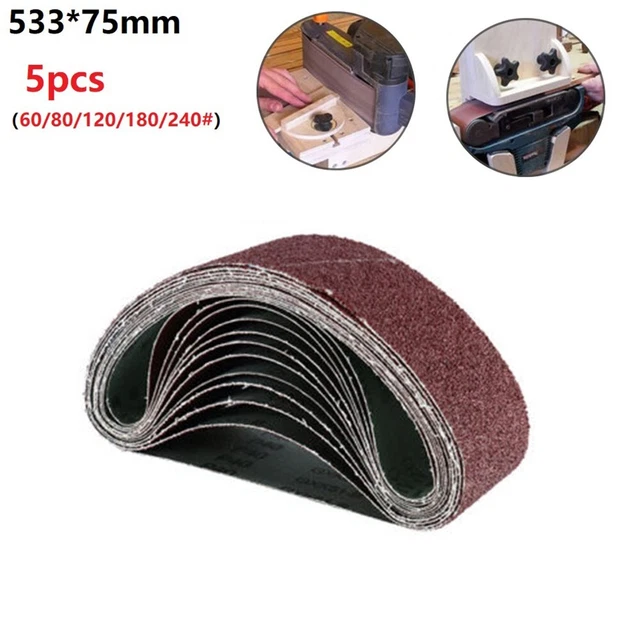 Paquete de 5 cinturones de pantalla de lijado de tela suave de 75 mm x 533 mm para moler madera y metal