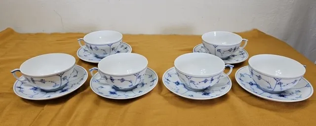 6 Antique Royal Copenhagen Blue Fluted Cup & Saucer Sets