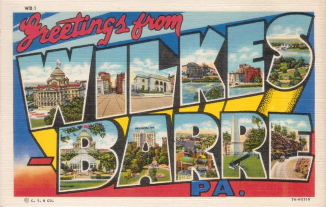 Greetings From Wilkes Barre Pa Pennsylvania  Large Letter Linen Postcard - 1937