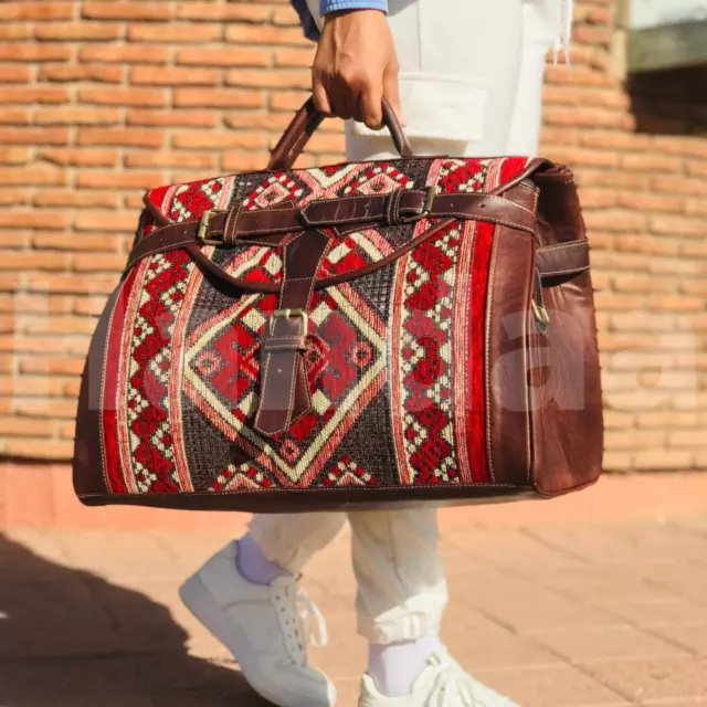 Victorian Carpet Mary Poppins Vintage Leather weekender kilim travel bag