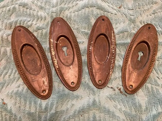 4 Vintage Brass Skeleton Key Hole Covers Escutcheon Plates Door, Reclaimed