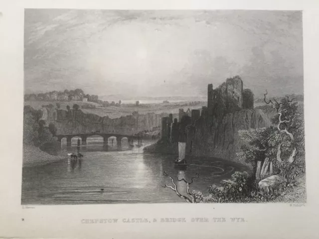 1836 Antique Print; Chepstow Bridge and Castle after Henry Warren