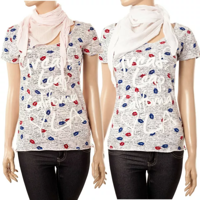 T-shirt con foulard donna maglietta stampata kiss rilievo manica corta nuova .