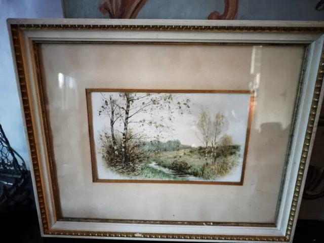 Tableau avec cadre Peinture Aquarelle Ancienne Paysage Arbres Campagne  XIXe