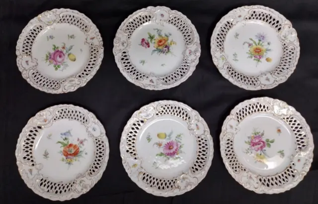 Six Carl Thieme Dresden Germany Reticulated 7" Plates Hand Painted Flowers Bugs