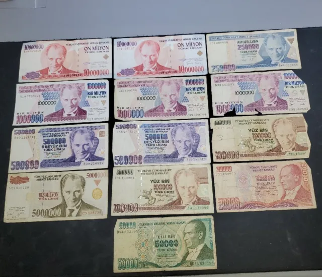 Lot Of 13 Turkish Banknotes 1970 - 20,000 To 10,000,000 Turk Lirasi M1412