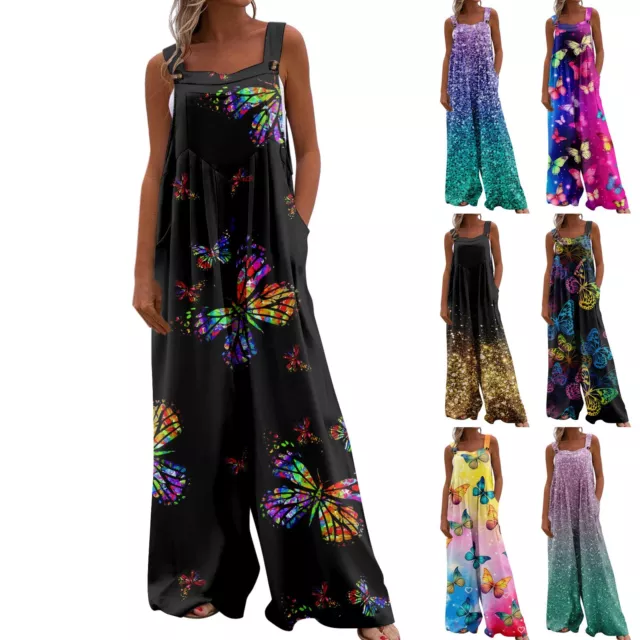 Women Boho Floral Jumpsuit Dungaree Ladies Summer Loose Romper Playsuit Overalls