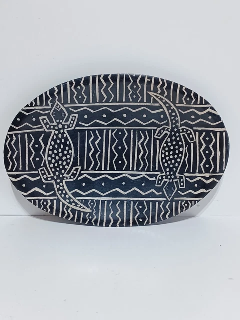 Hand-Carved Stone Plate Made in Kenya, African Folk Art; Black