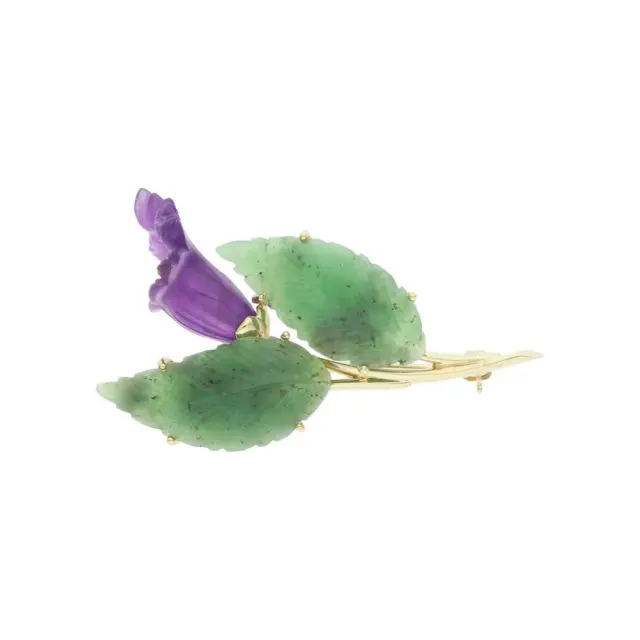 Brosche Blume 585/000 (14 Karat) Gold mit Jade und Amethyst, getragen 25322340