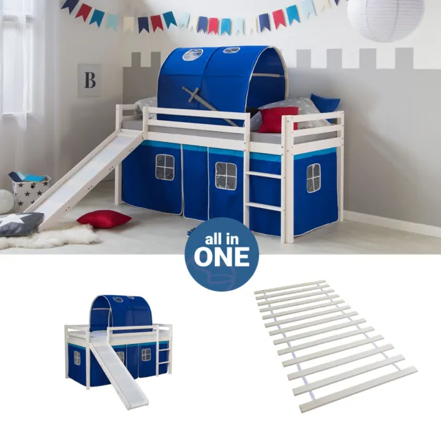 Cadre de Lit d'enfant superposé 90x200 Toboggan Lattes Tunnel Bleu Homestyle4u