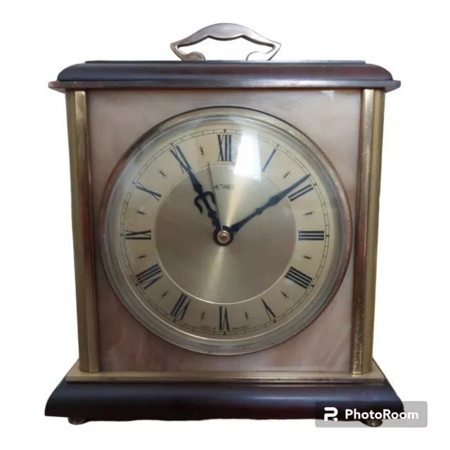 Mantle Clock Metamec-1960's Wood, Brass and Simulated Onyx.