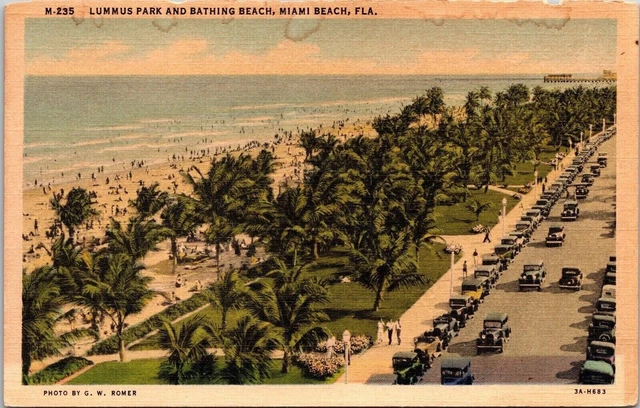 Lummus Park Bathing Beach Miami Florida FL Linen Postcard PM Cancel WOB Note VTG