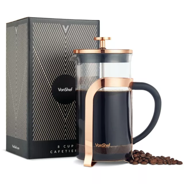 Cafetiere French Press, VonShef 8 Cup Glass & Stainless Steel Frame Coffee Maker