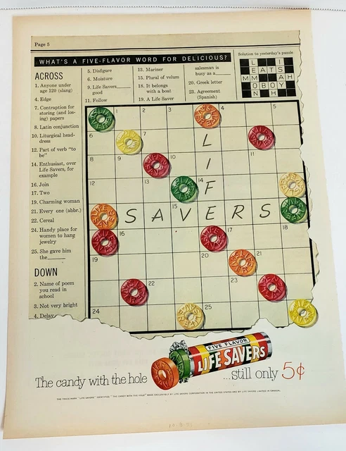 Vintage LIFE SAVERS Five Flavors Original  Magazine Print Ad Crossword 1951