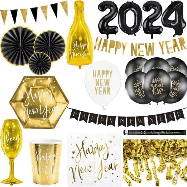 Silvester Decorazione Set Party Nuovo Anno 2024 Oro Nero Einweggeschirr