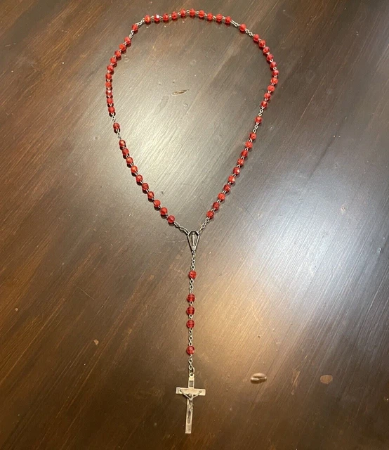 Italian Rosary Crystal Red Beads Silver Tone Mary Jesus Vintage 80s Excellent