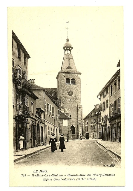 CPA 39 Jura Salins-les-Bains Grande-Rue du Bourg-Dessous Church St-Maurice animated