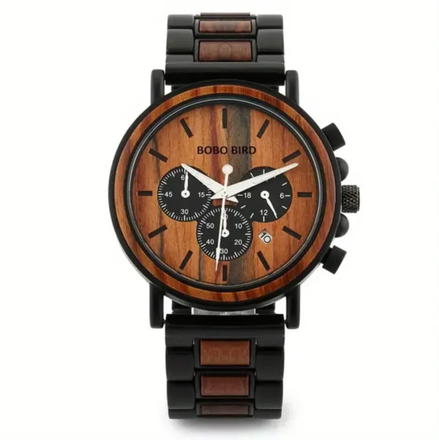 BOBO BIRD mens wooden watch with wooden presentation box- steel and wood strap