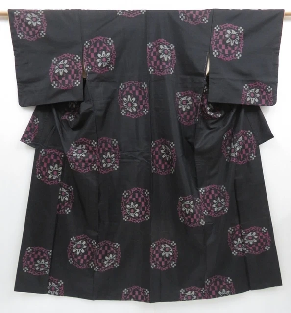3514T01z640 Vintage Japanese Kimono Silk MEISEN KOMON Flower Black