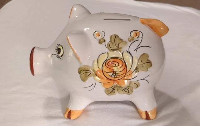 Vtg Italian Art Pottery Pig Piggy Bank Hand Painted Yellow Floral Roses Italy