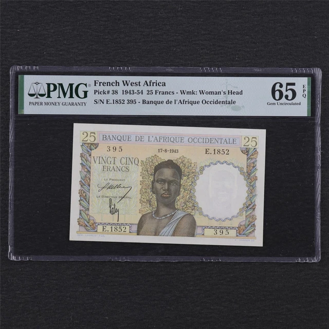 1943-54 French West Africa 25 Francs Pick#38 PMG 65 EPQ Gem UNC