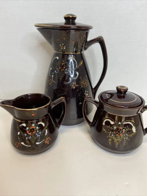 Vintage Redware Brown Betty Hand Painted Moriage   Japanese Pottery 3 Pc Tea Set