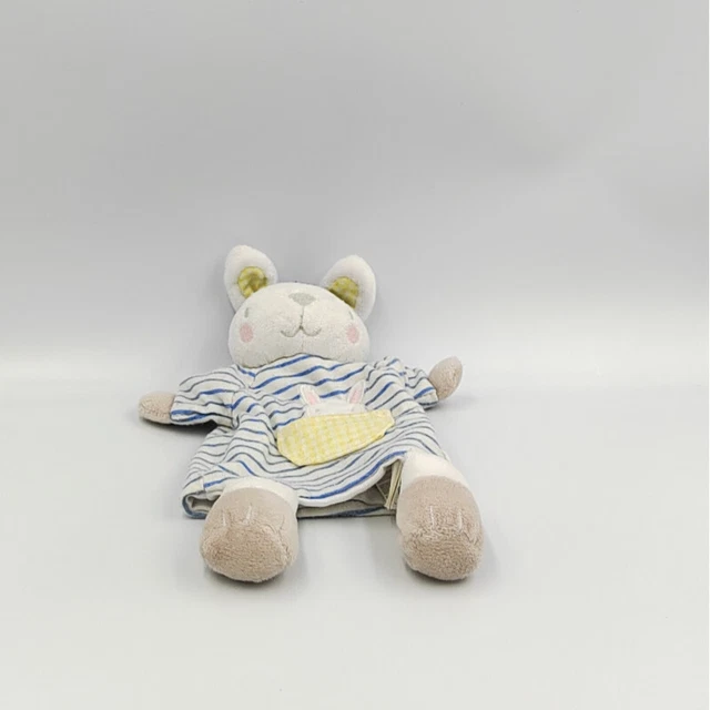 Doudou plat marionnette lapin blanc bleu jaune rayé SERGENT MAJOR - 32503