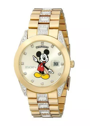 New Mens Elgin Disney Mickey Mouse MCK209 Day Date Gold Tone Bracelet Watch