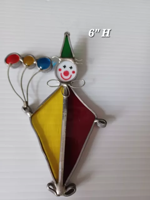 Vintage Stained Glass Clown Sun Catcher Red Green Yellow Balloons