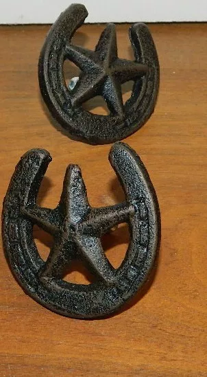 Set/2 Pulls Western Star Lucky Horseshoe Cast Iron Cabinet Knob Drawer Texas