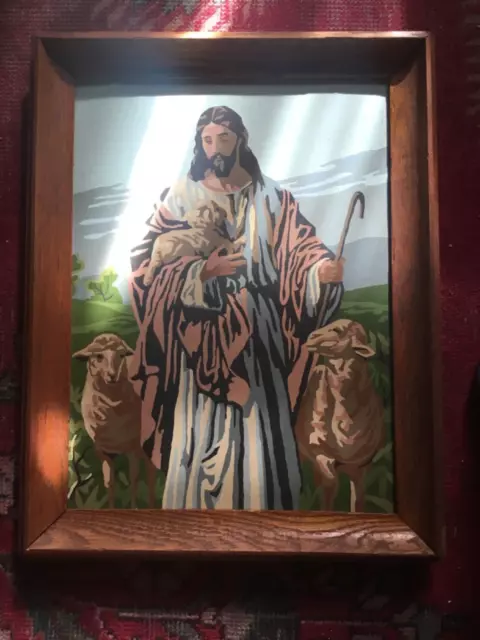 Vintage 50's Paint By Numbers Jesus & Sheep With Frame 18.5" x 14.5" Shepard