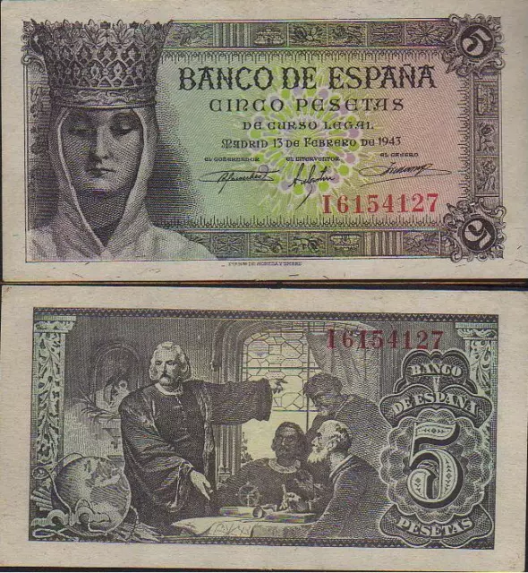 BONITO BILLETE de 5 Pesetas año 1943 SERIE I. Isabel la Católica. Nº 6154127.