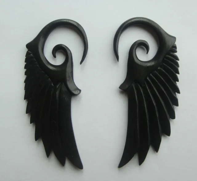 Pair Organic Angelic ANGEL WING Black Areng Wood Spiral Ear Expander Plugs Gauge 3