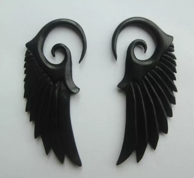Pair Organic Angelic ANGEL WING Black Areng Wood Spiral Ear Expander Plugs Gauge 3