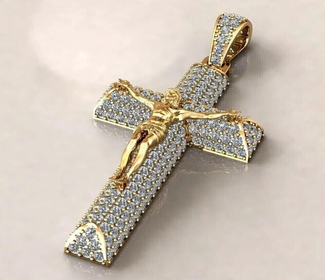 14K Yellow Gold Plated Silver 2Ct Round Cut Real Moissanite Jesus Cross Pendant