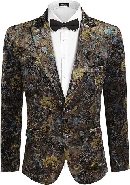 COOFANDY Mens Floral Tuxedo Jacket Slim Fit Paisley Notched Lapel Velvet Suit Bl