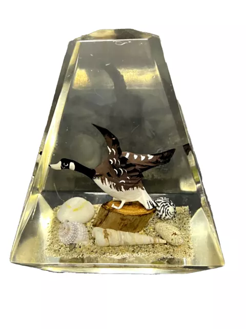 Canadian Goose Pyramid Paperweight Encased In Lucite or Acrylic Sand Shells 4"