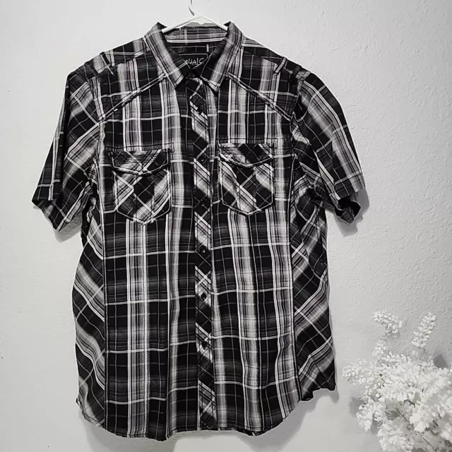 Chalc Men's Shirt Button Down Short Sleeve Size XL Black/Grey Plaid.