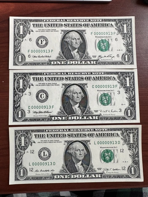 $1 One Dollar 3 Notes Matching 3 Digits Low Serial Number 00000913 Very Unique