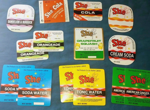 13 Vtg 'SHE' PRODUCTS Clean Unused DRINK LABELS Assorted BURTON LATIMER CO LTD
