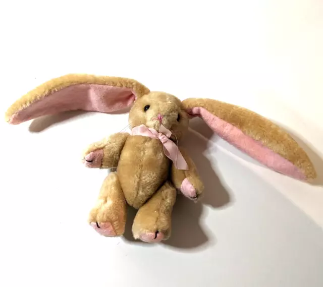 Vintage Jointed Rabbit Plush Long Eared Brown Pink Easter Bunny Stuffed Toy Doll