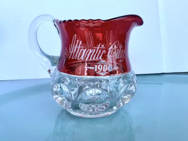 EAPG Duncan & Sons Ruby Flash Pitcher “Atlantic City To My Wife 1900” Souvenir