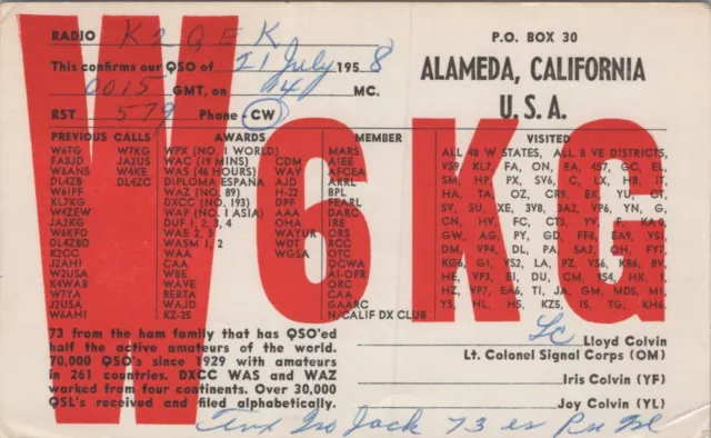 amateur radio QSL postcard W6KG Lloyd Iris Joy Colvin 1958 Alameda California
