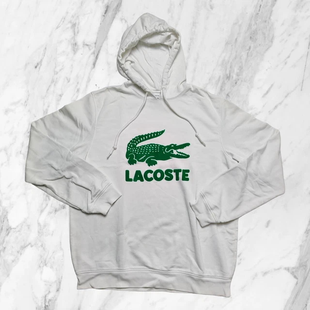Lacoste Felpa Cappuccio Uomo Taglia L / 5 Bianca Leggera Grande Stampa e Tasca
