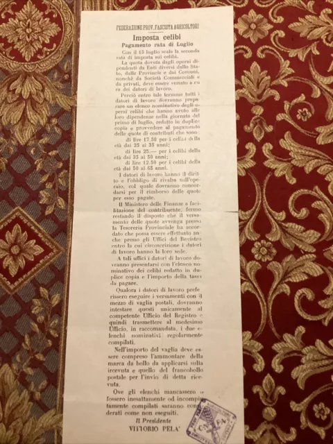 Imposta Celibi Anni 30 Del 900  Federazione Prov.le Fascista Agricoltori