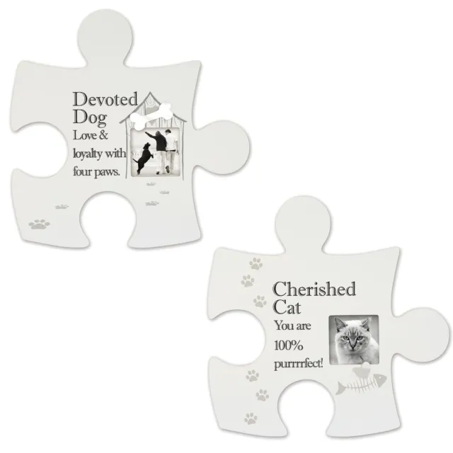 Jigsaw Piece Wall Art White Plaque / Photo Frame - Devoted Dog or Cherished Cat