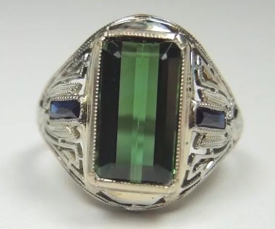 Antique Art Deco Tourmaline Belais Engagement 18K White Gold Ring Size 4.75 UK-J