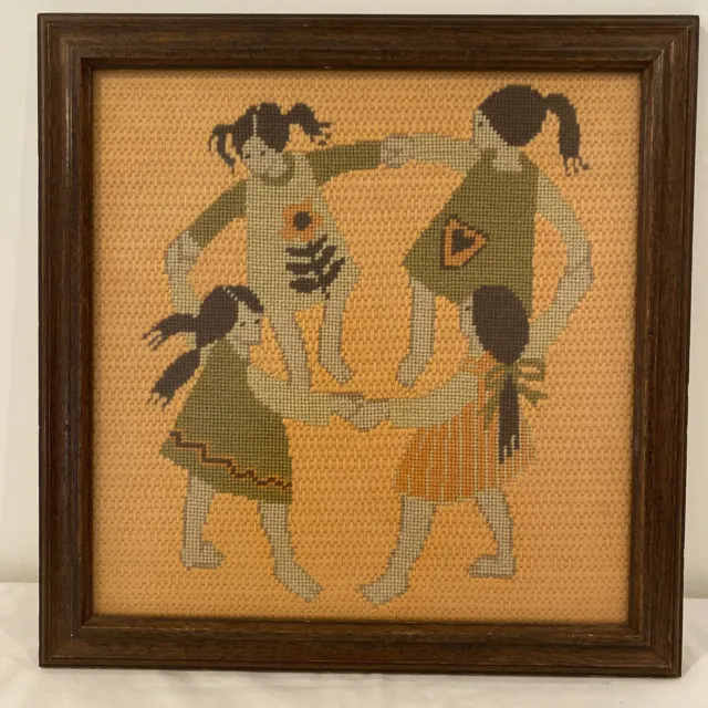 Vintage Native American Girls  Frame Stitchery  Needle Point Handmade Crewl