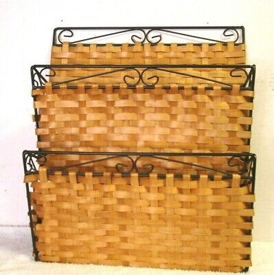 vtg woven Wicker Rattan Mail Letter Caddy Wall file Holder wrought iron Boho