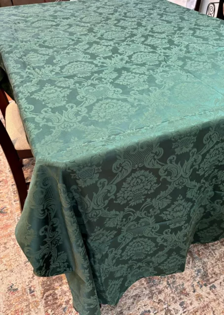 Vtg Rect Tablecloth Elegant Brocade Solid Green Floral Baskets & Scrolls 114x65"